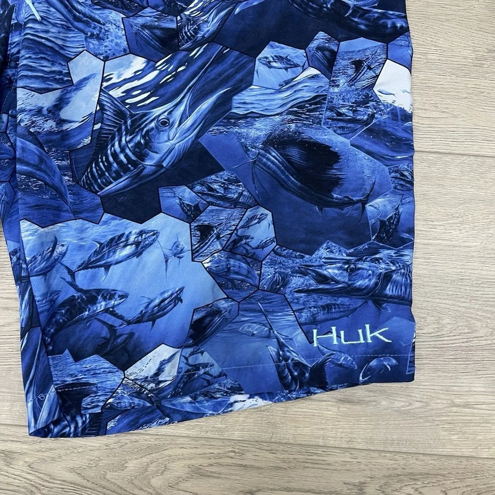 Huk Fishing Blue Board Short Swim Trunks Men's Sz 38 Sailfish Boat Ocean